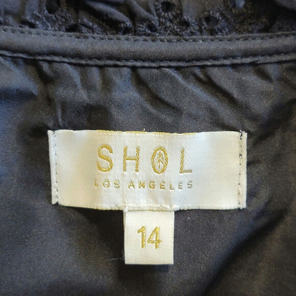 SHOL Los Angeles Eyelet Ruffle Dress Tiered Black Mini Dress Boho Party Size 14 - Picture 14 of 16